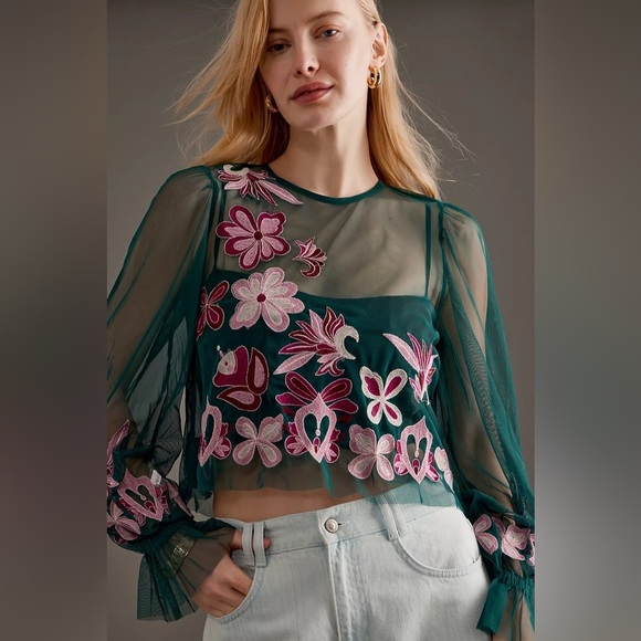 By Anthropologie Long-Sleeve Embroidered Mesh Top - Picture 1 of 10
